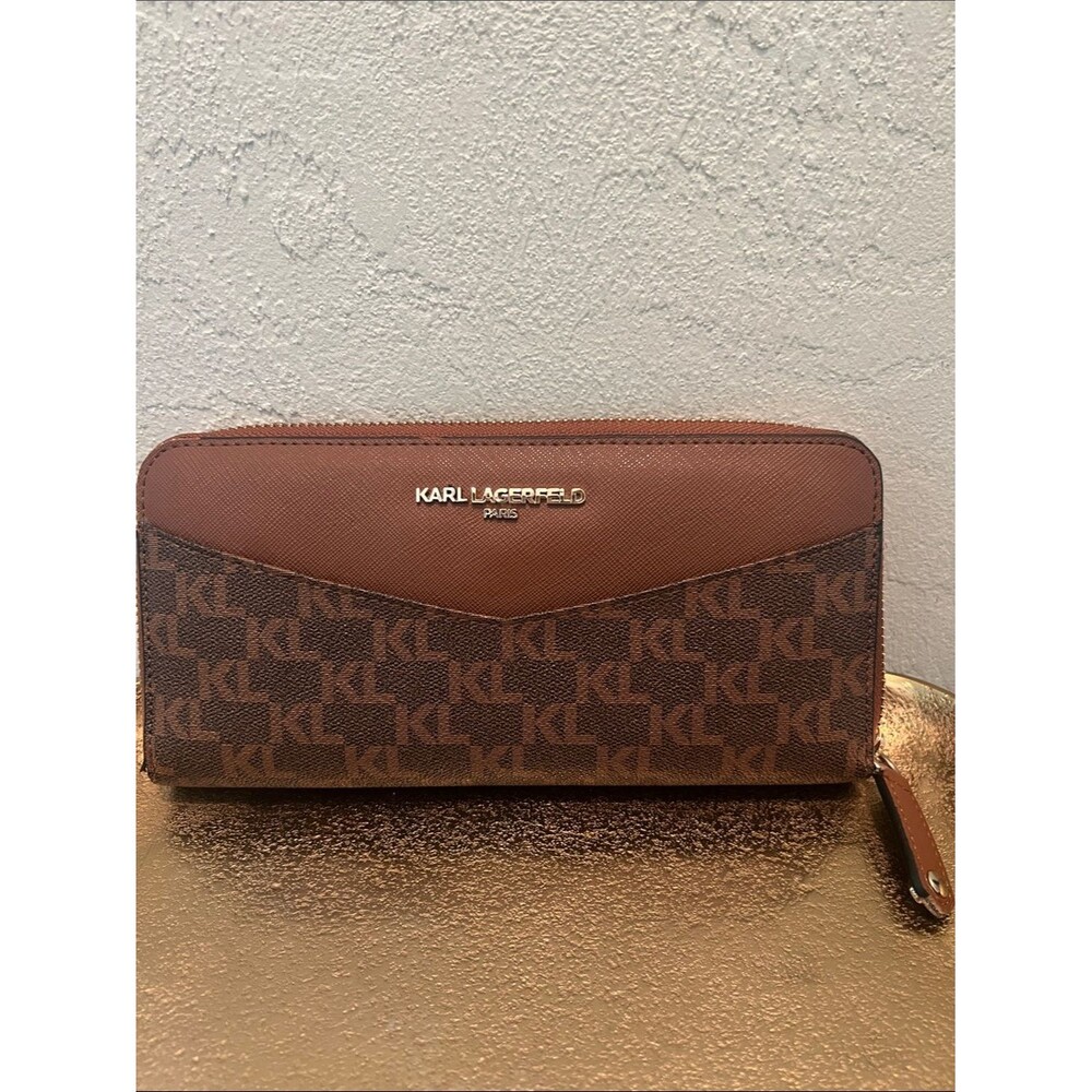 #2045*Karl Lagerfeld Brown Monogram Zip Wallet with Gold Logo